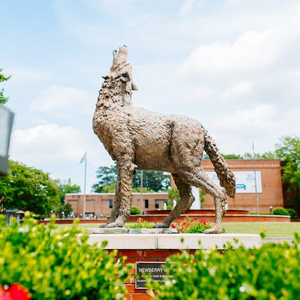 Wolf statue with bushes in the front of it with a blue sky behind it.
